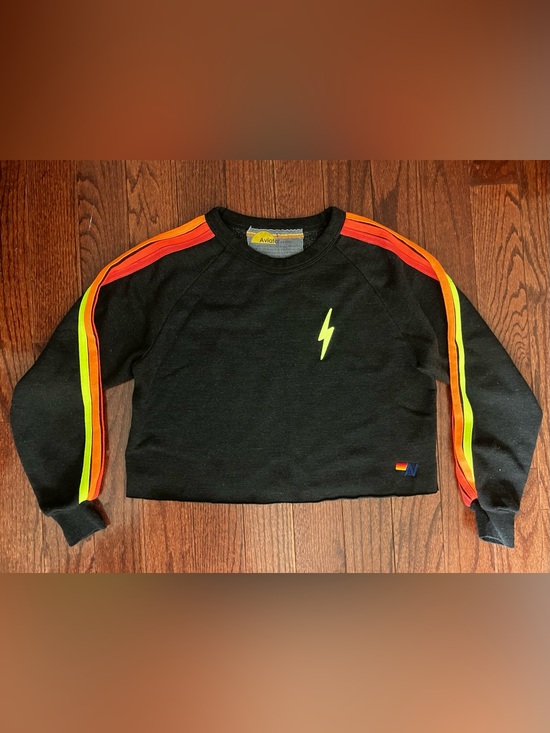 Aviator Nation Tops - Aviator Nation Black Cropped Sweatshirt with Neon Yellow Lightning & Stripes